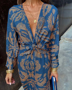 Women’s A-Line Maxi Dress - Long Sleeve V-Neck Twisted Front Dress