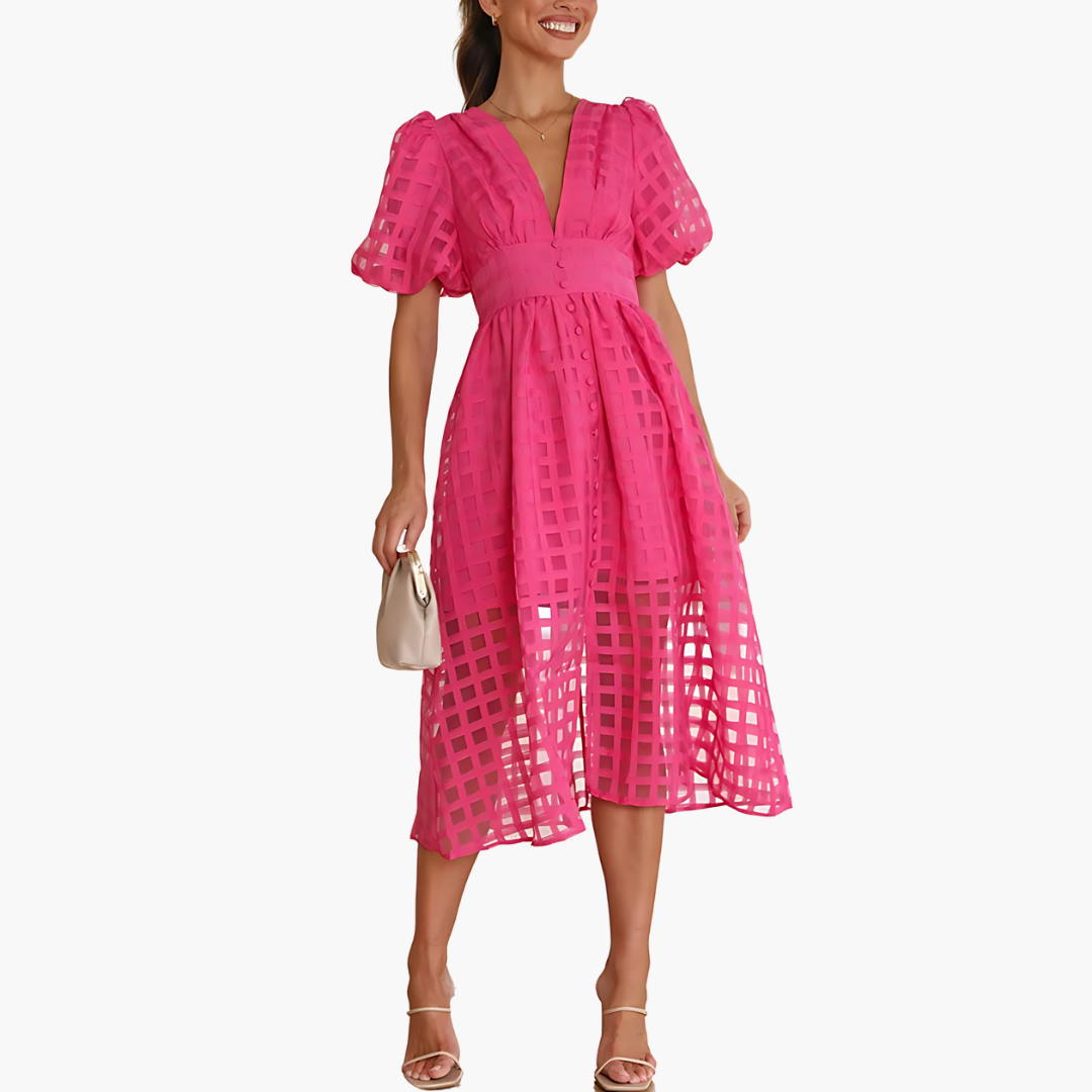 Women's Summer Midi Dress - V-Neck Button Down Style Outfit