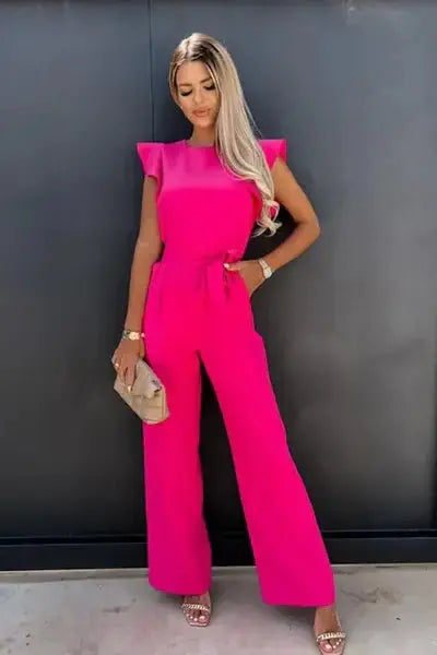Women’s Belted Jumpsuit – Ruffle Sleeve One-Piece Summer Outfit