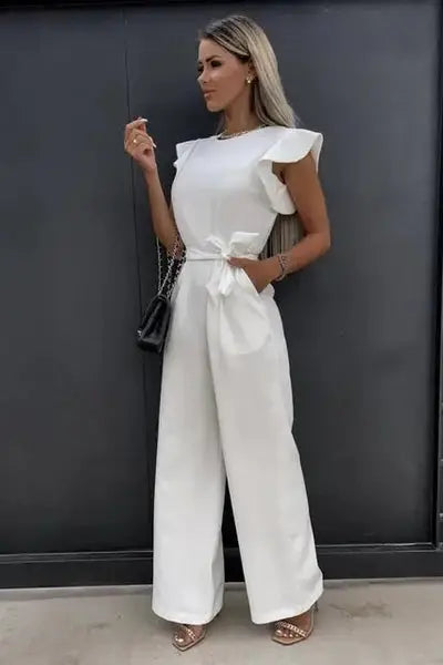 Women’s Belted Jumpsuit – Ruffle Sleeve One-Piece Summer Outfit