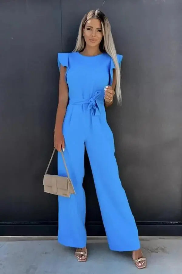 Women’s Belted Jumpsuit – Ruffle Sleeve One-Piece Summer Outfit