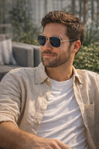 Men's Retro Aviator Gold Metal Sunglasses - Polarised Lenses, Dark Black Shades