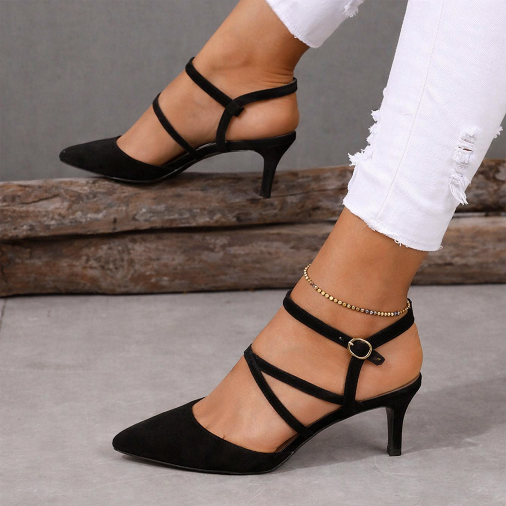 Women's Black Court Shoes, Strappy Ankle Strap Pointed Toe Stiletto Heels – Cushioned Footbed