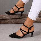 Women's Black Court Shoes, Strappy Ankle Strap Pointed Toe Stiletto Heels – Cushioned Footbed