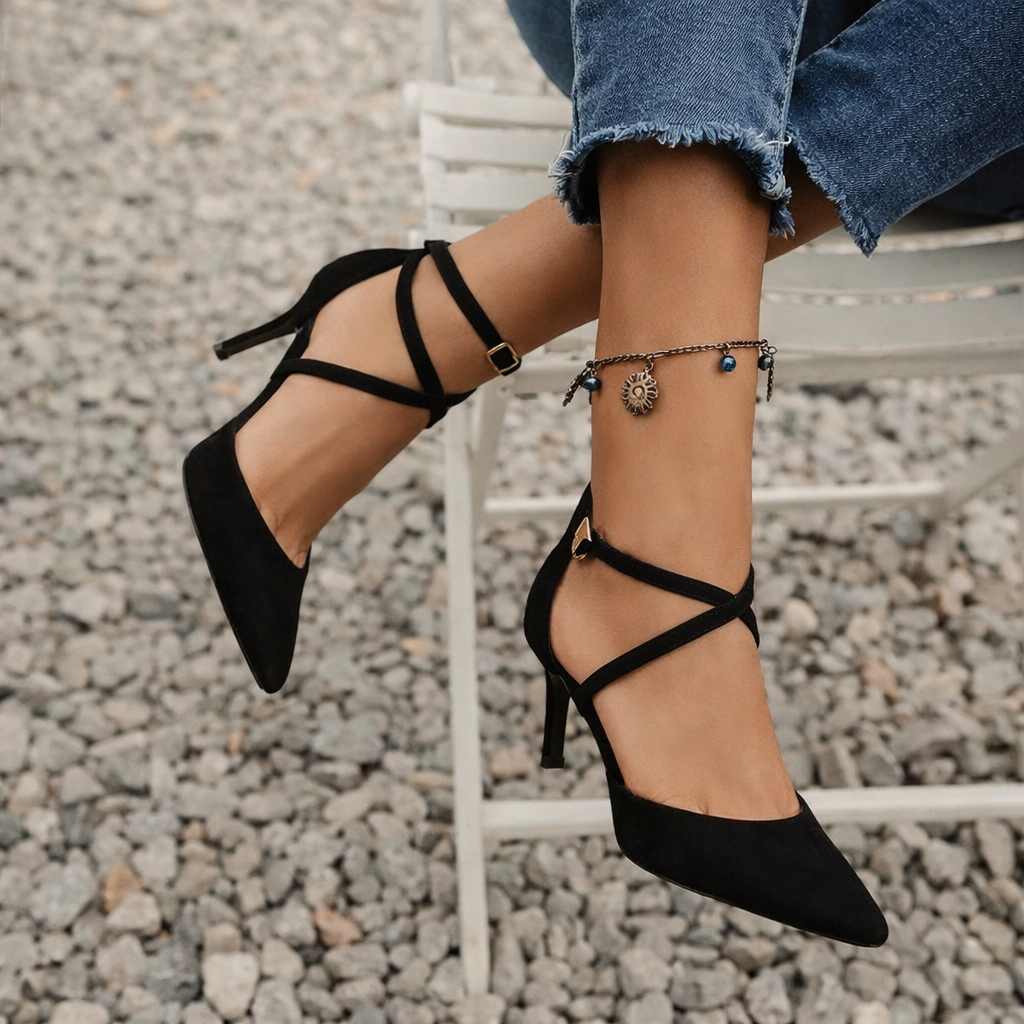 Women's Black Court Shoes, Strappy Ankle Strap Pointed Toe Stiletto Heels – Cushioned Footbed