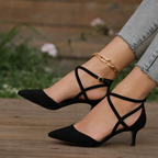 Women's Black Court Shoes, Strappy Ankle Strap Pointed Toe Stiletto Heels – Cushioned Footbed
