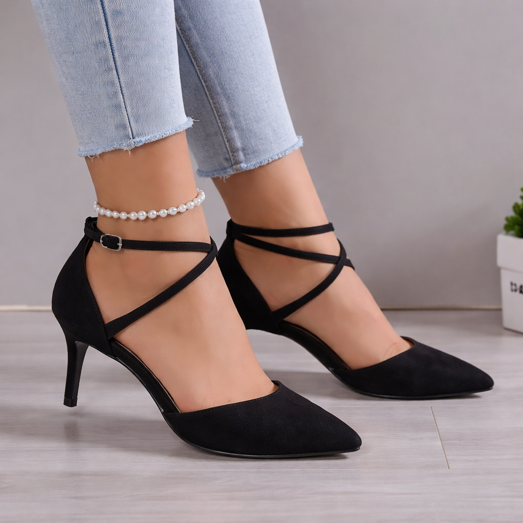 Women's Black Court Shoes, Strappy Ankle Strap Pointed Toe Stiletto Heels – Cushioned Footbed