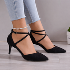 Women's Black Court Shoes, Strappy Ankle Strap Pointed Toe Stiletto Heels – Cushioned Footbed