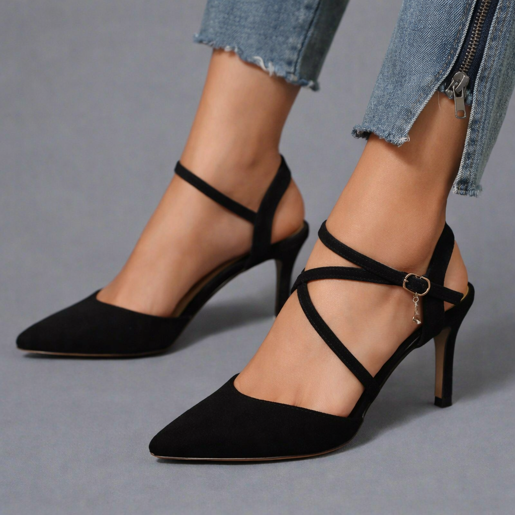 Women's Black Court Shoes, Strappy Ankle Strap Pointed Toe Stiletto Heels – Cushioned Footbed
