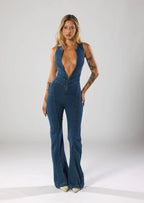 Women’s Flared Leg Jumpsuit – Denim Plunge Neck One-Piece