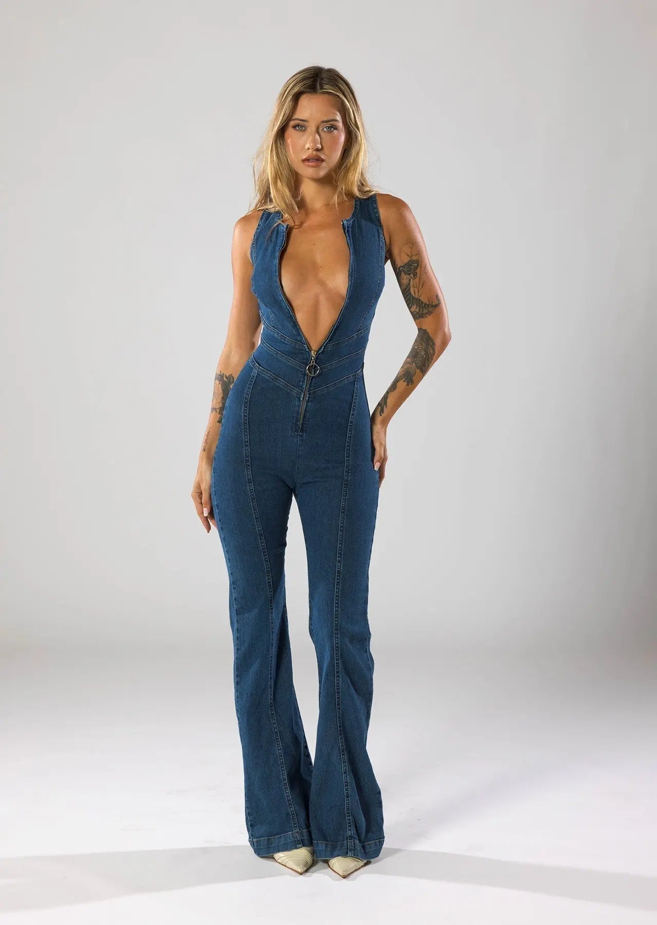 Women’s Flared Leg Jumpsuit – Denim Plunge Neck One-Piece