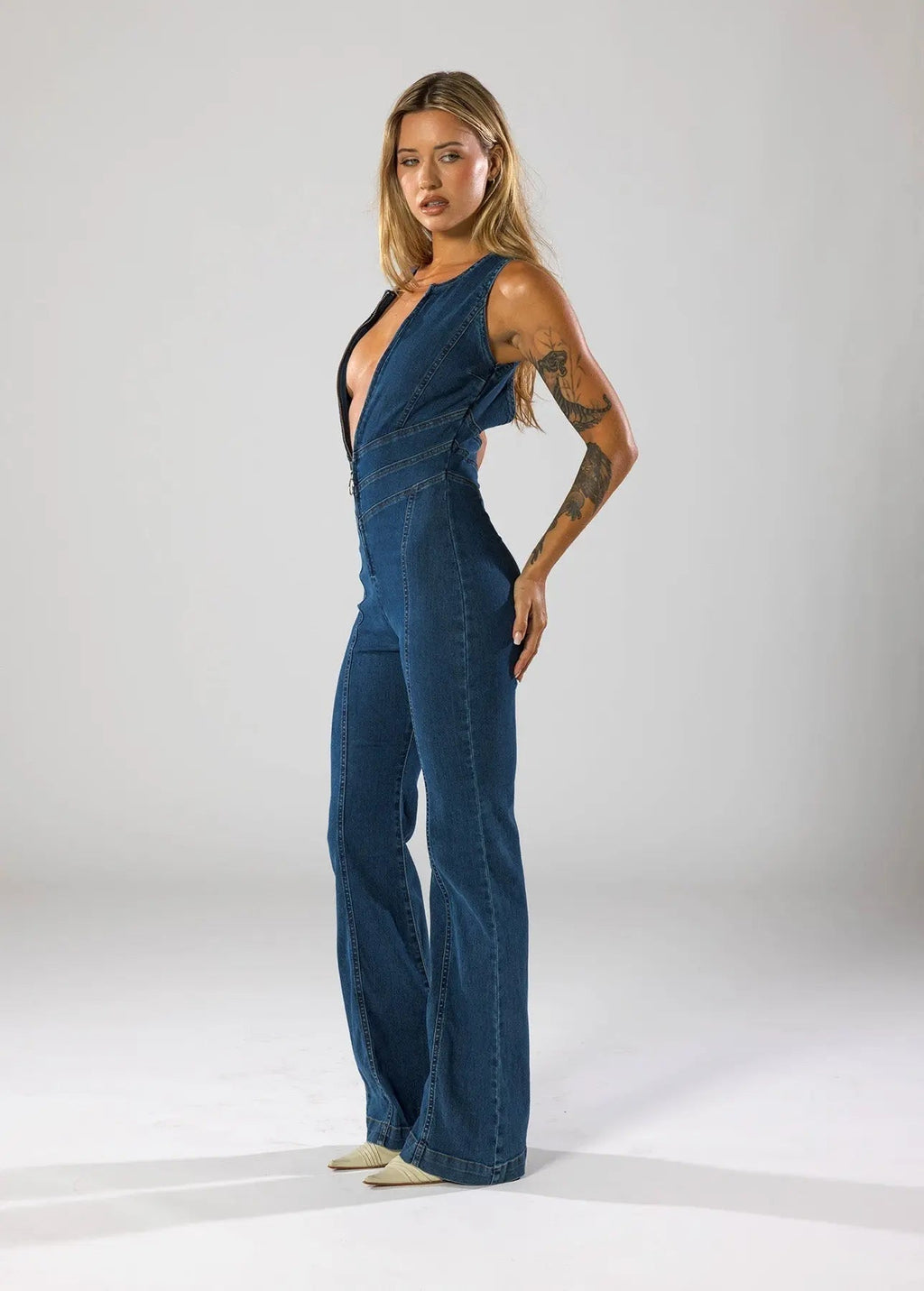 Women’s Flared Leg Jumpsuit – Denim Plunge Neck One-Piece