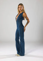 Women’s Flared Leg Jumpsuit – Denim Plunge Neck One-Piece
