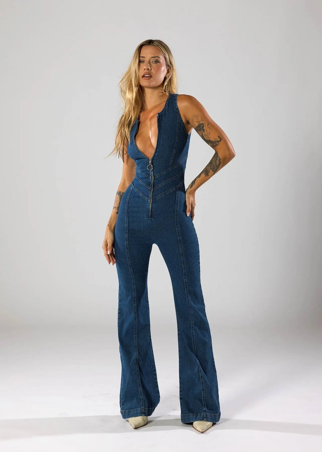 Women’s Flared Leg Jumpsuit – Denim Plunge Neck One-Piece