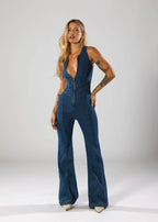Women’s Flared Leg Jumpsuit – Denim Plunge Neck One-Piece