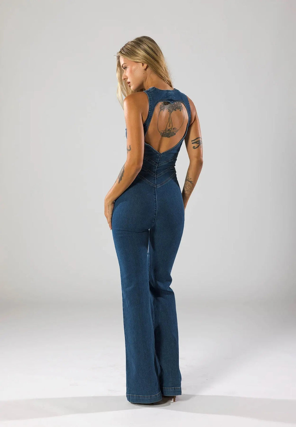 Women’s Flared Leg Jumpsuit – Denim Plunge Neck One-Piece