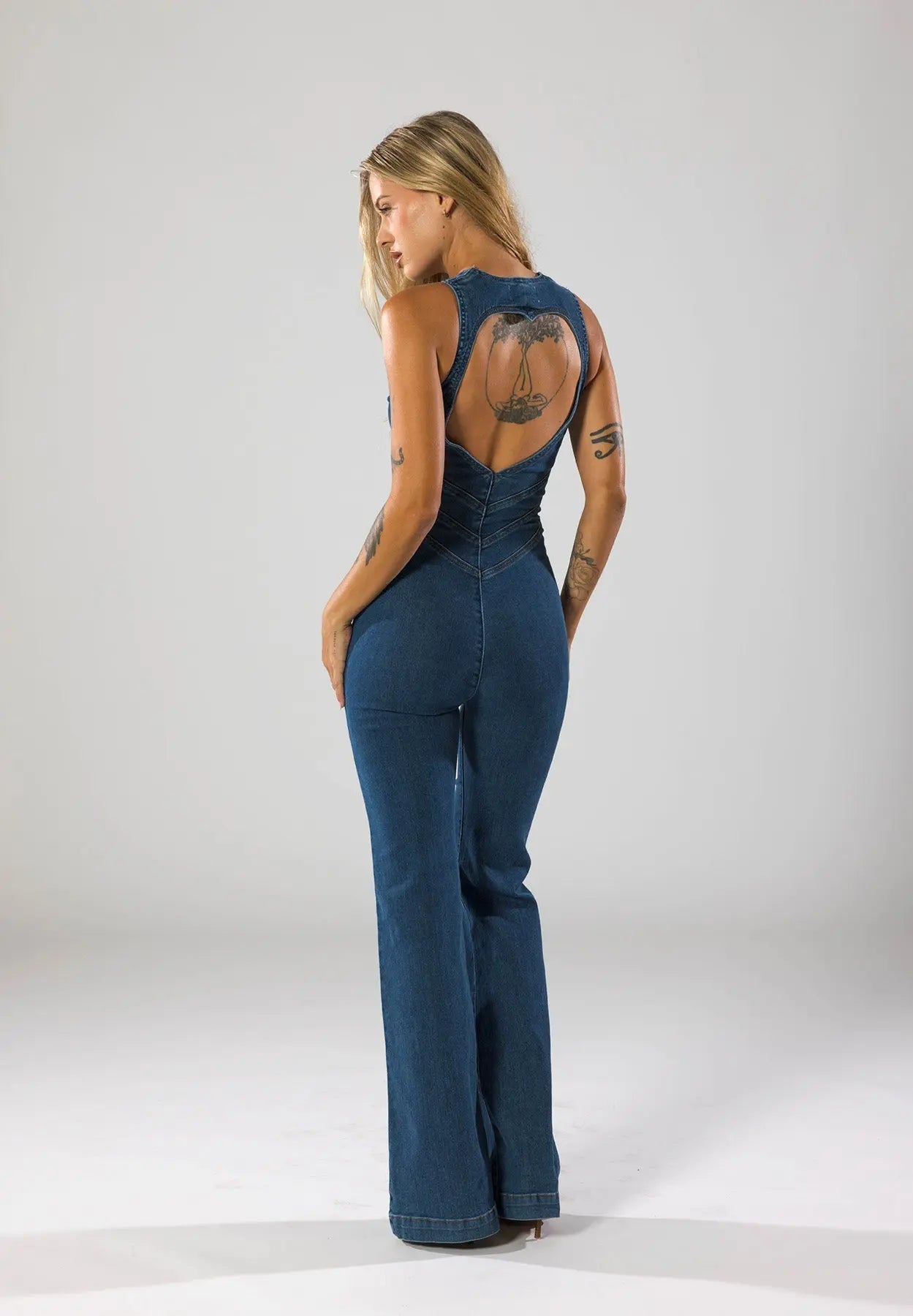 Women’s Flared Leg Jumpsuit – Denim Plunge Neck One-Piece