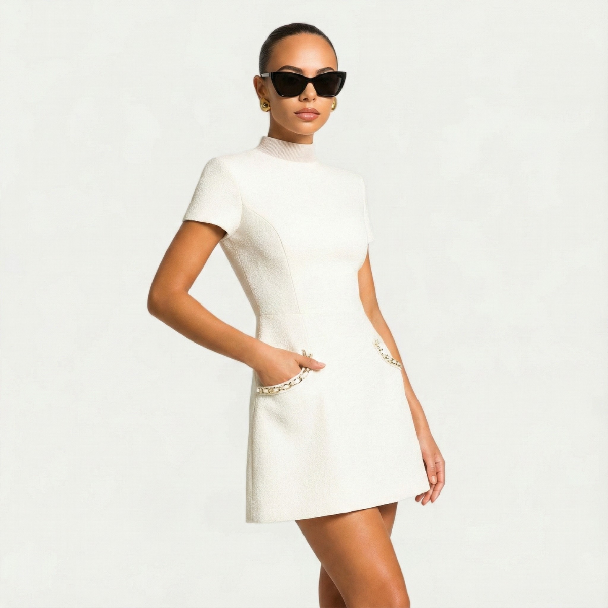 Jessi| Pocket Detailing Mini Dress with Pearl Trim for Women