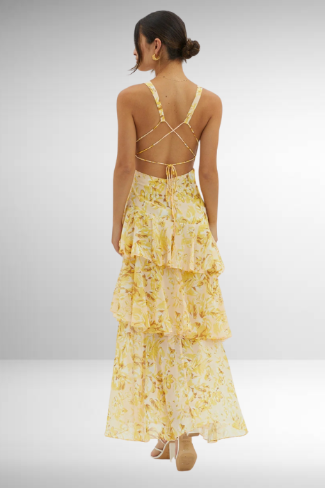 Women’s Ruffled Maxi Dress - Floral Layers Wedding Guest Dress