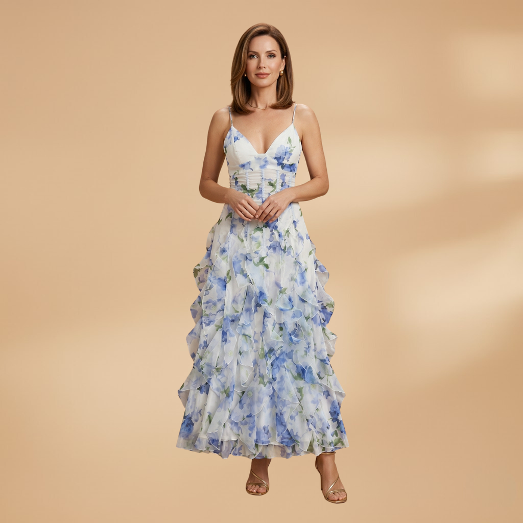 Women's Sleeveless Wedding Guest Dress - Floral Pattern Maxi Style