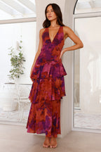 Women’s Ruffled Maxi Dress - Floral Layers Wedding Guest Dress
