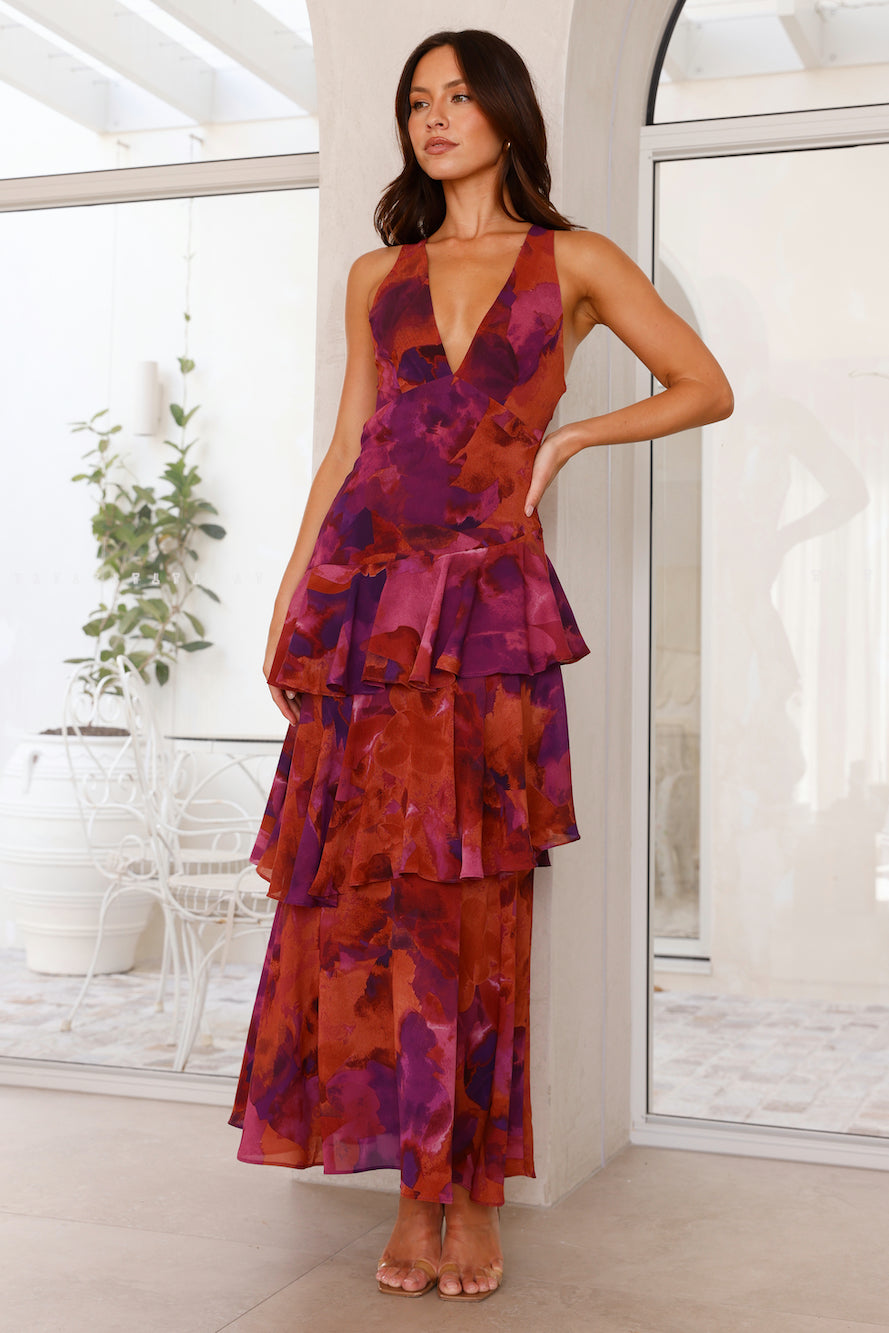 Women’s Ruffled Maxi Dress - Floral Layers Wedding Guest Dress