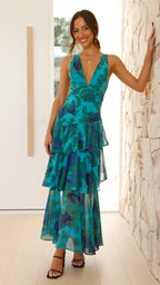 Women’s Ruffled Maxi Dress - Floral Layers Wedding Guest Dress
