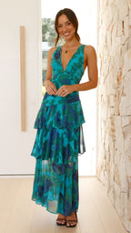 Women’s Ruffled Maxi Dress - Floral Layers Wedding Guest Dress