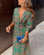 Women’s A-Line Maxi Dress - Long Sleeve V-Neck Twisted Front Dress