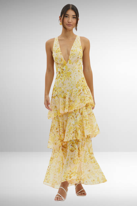 Women’s Ruffled Maxi Dress - Floral Layers Wedding Guest Dress
