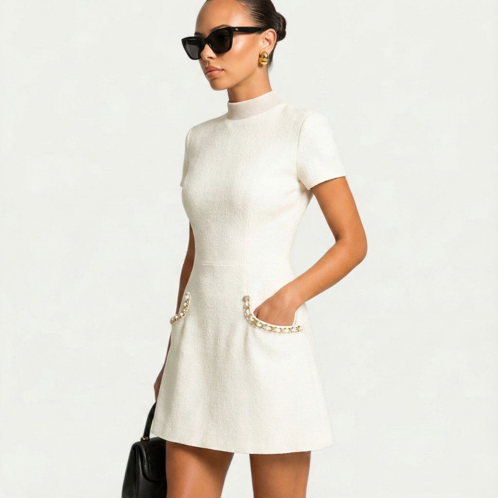 Jessi| Pocket Detailing Mini Dress with Pearl Trim for Women