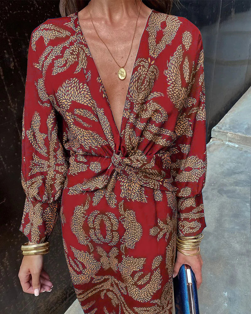 Women’s A-Line Maxi Dress - Long Sleeve V-Neck Twisted Front Dress