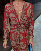 Women’s A-Line Maxi Dress - Long Sleeve V-Neck Twisted Front Dress