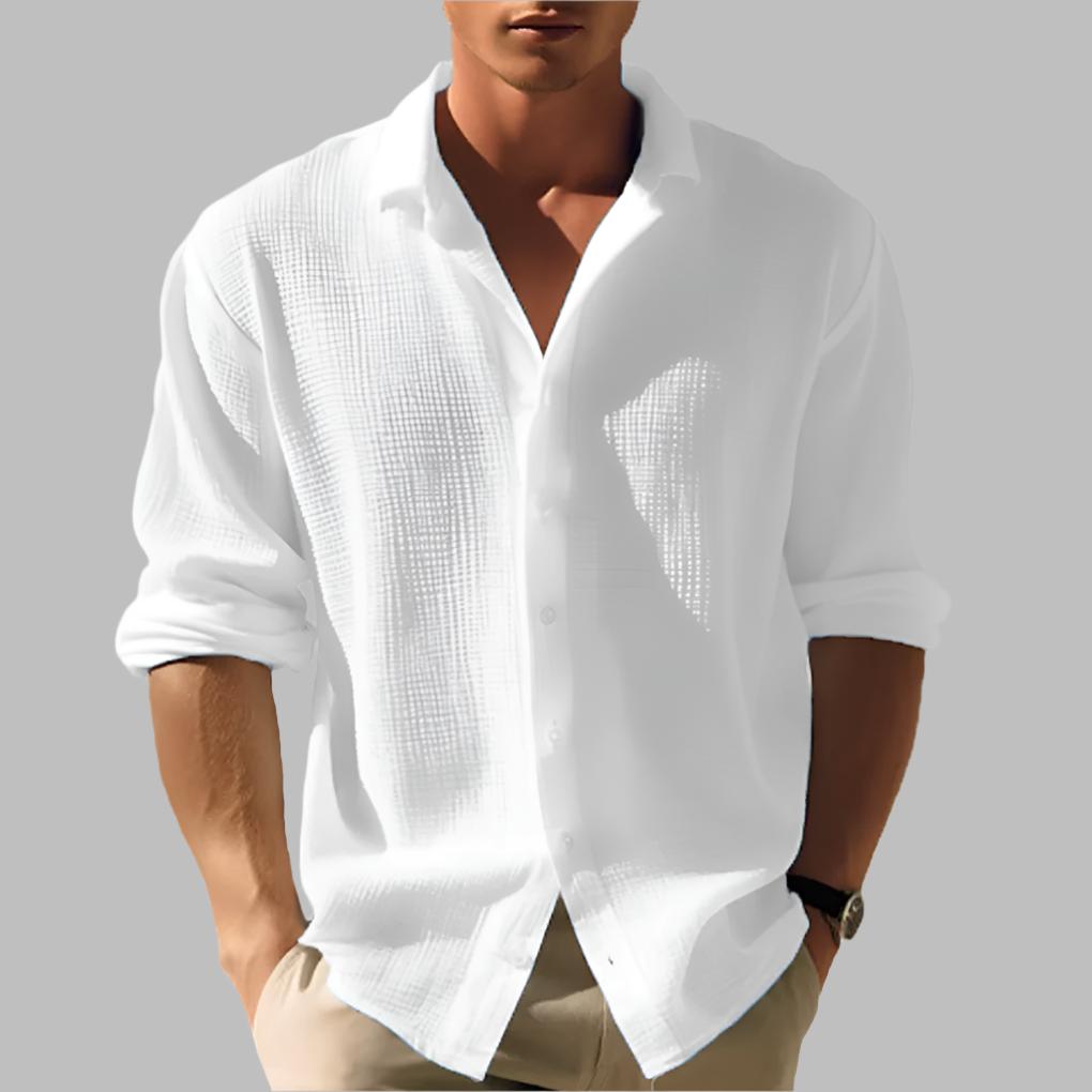 Men’s Button-Up Summer Shirt - Loose Long Sleeve Collar Style