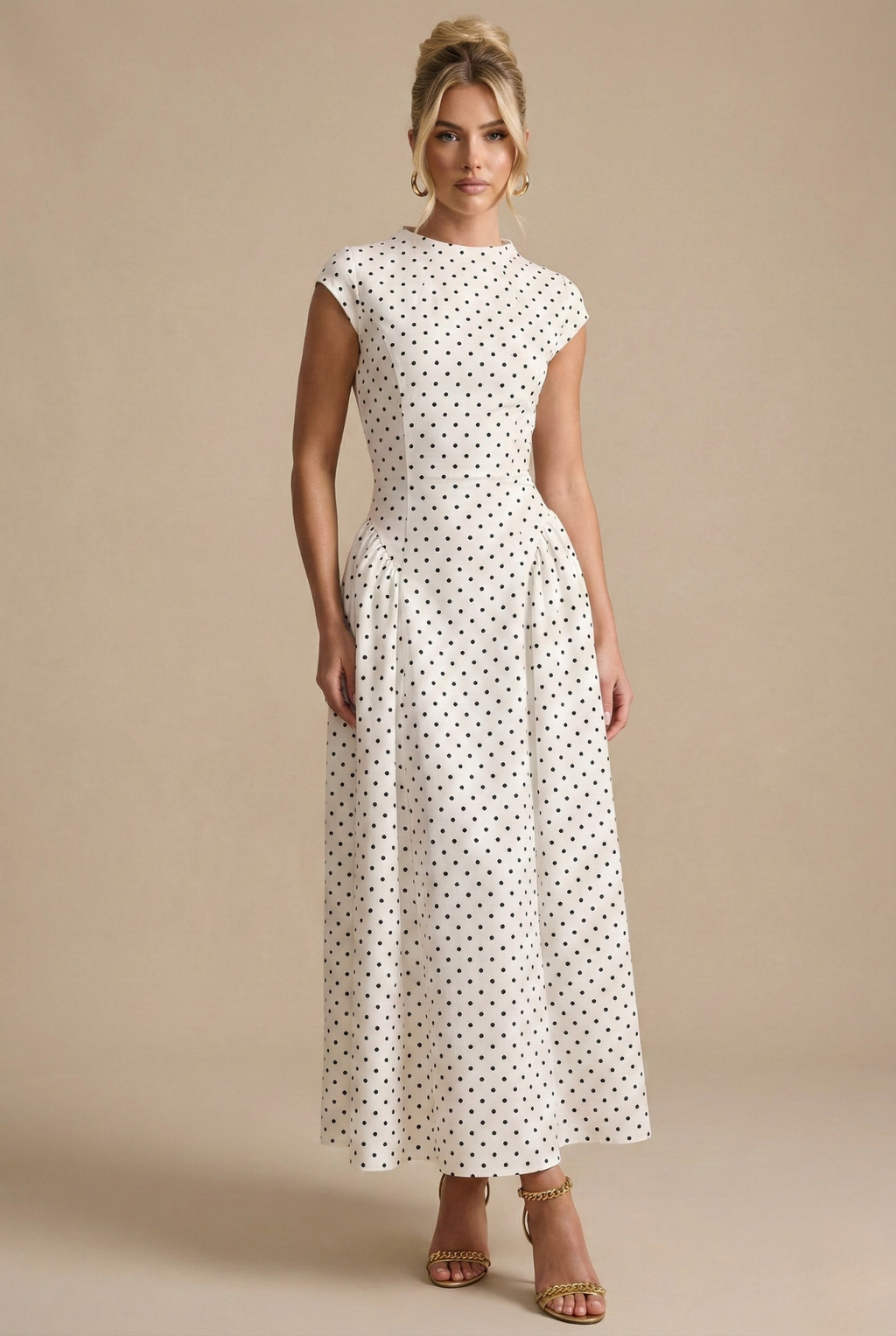 Women's Polka Dot Maxi Dress - High Neck Short Sleeve Pleated Style