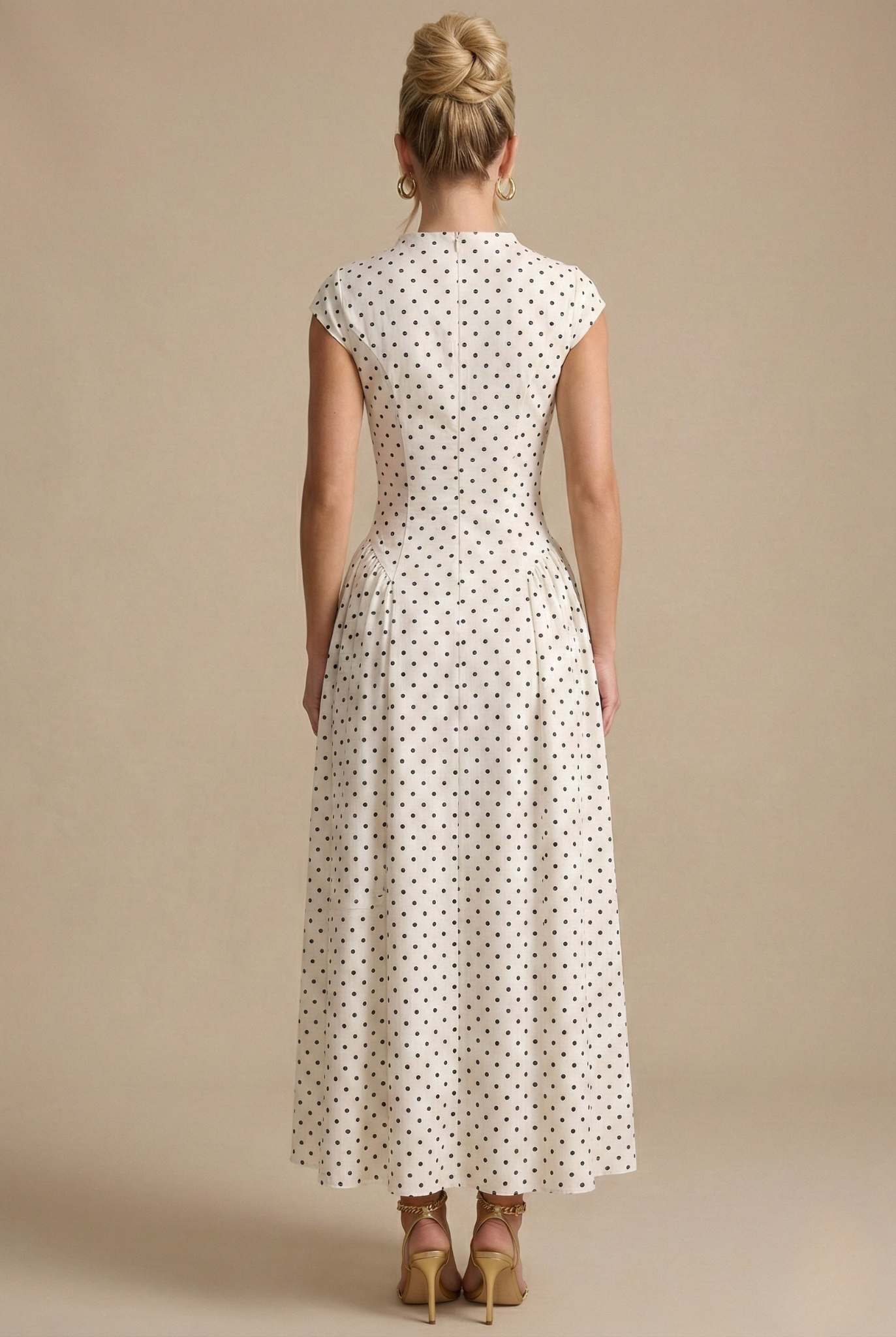 Women's Polka Dot Maxi Dress - High Neck Short Sleeve Pleated Style