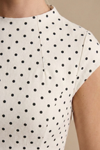 Women's Polka Dot Maxi Dress - High Neck Short Sleeve Pleated Style