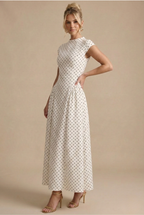 Women's Polka Dot Maxi Dress - High Neck Short Sleeve Pleated Style
