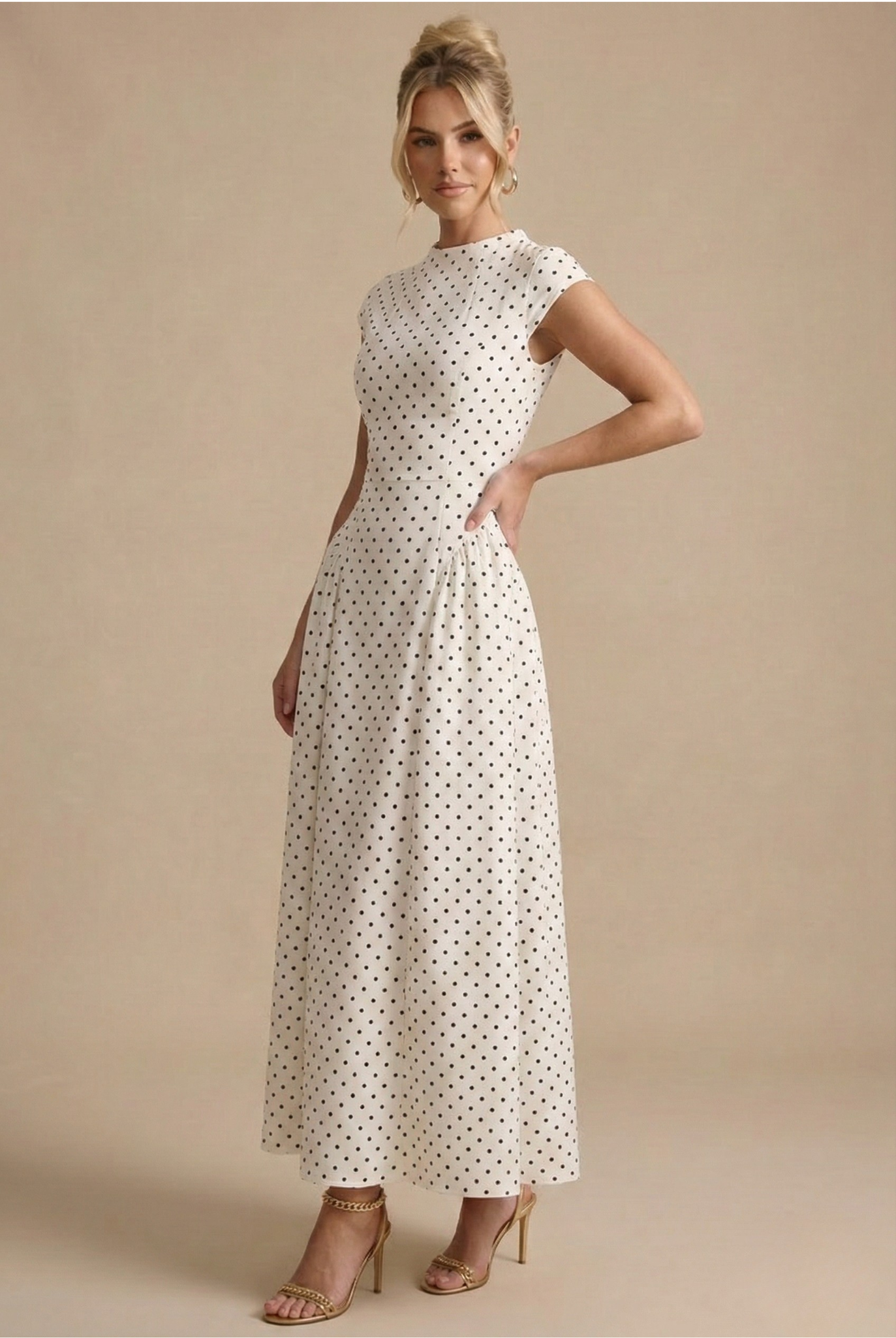 Women's Polka Dot Maxi Dress - High Neck Short Sleeve Pleated Style