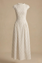 Women's Polka Dot Maxi Dress - High Neck Short Sleeve Pleated Style