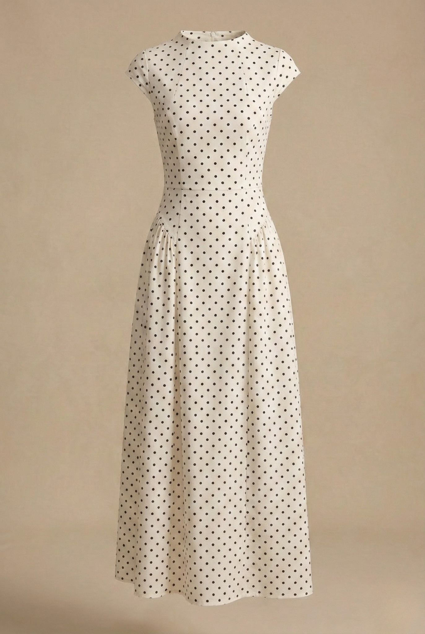 Women's Polka Dot Maxi Dress - High Neck Short Sleeve Pleated Style