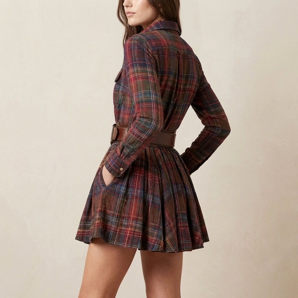 Women’s Country Plaid Shirt Dress – Cowgirl Mini Length Belted Casual Dress