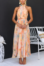 Women's Watercolour Maxi Dress - Halter Neck Sleeveless Summer Outfit