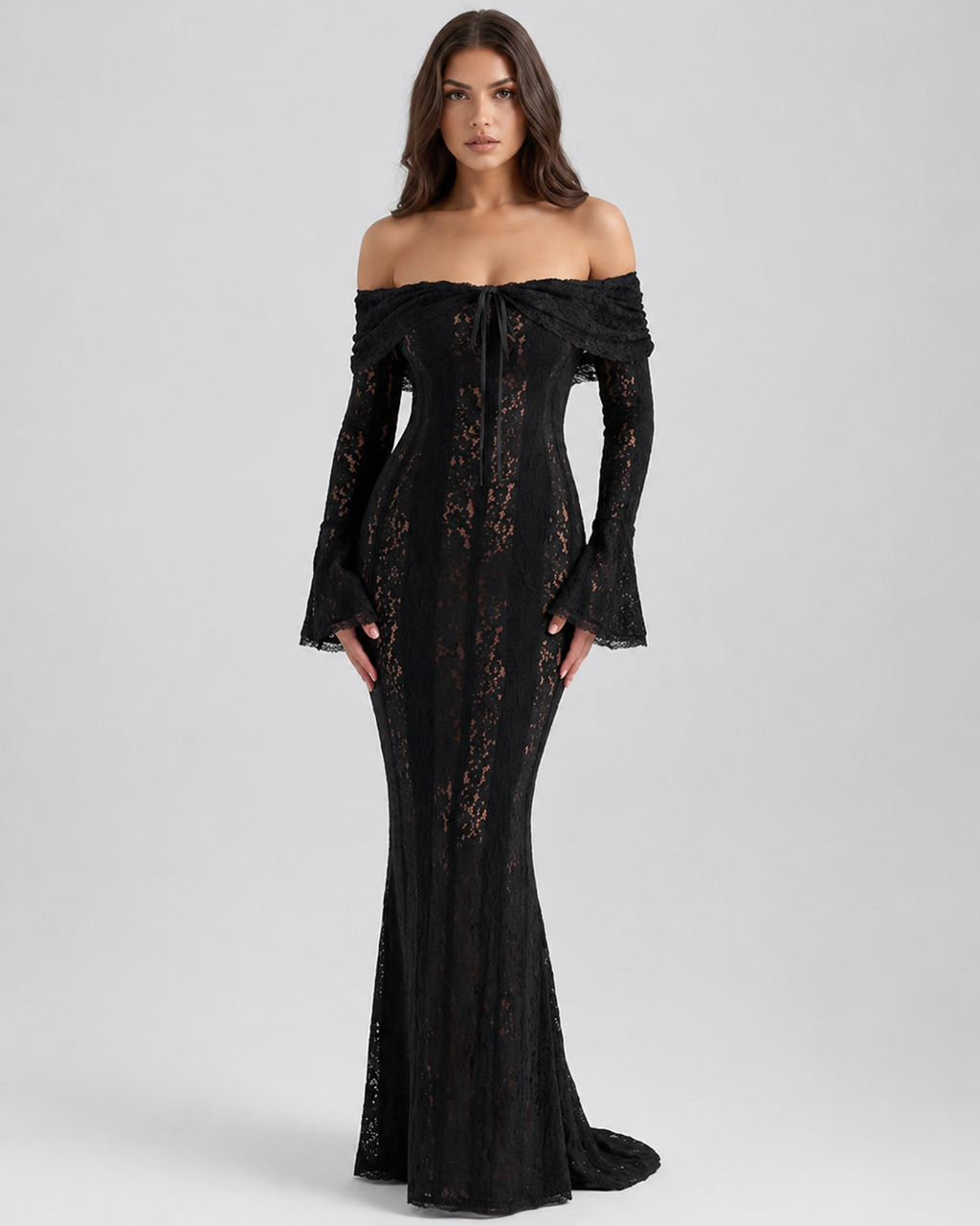 Women’s Off Shoulder Wedding Guest Dress - Long Sleeve Lace Maxi Dress