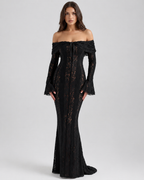 Women’s Off Shoulder Wedding Guest Dress - Long Sleeve Lace Maxi Dress