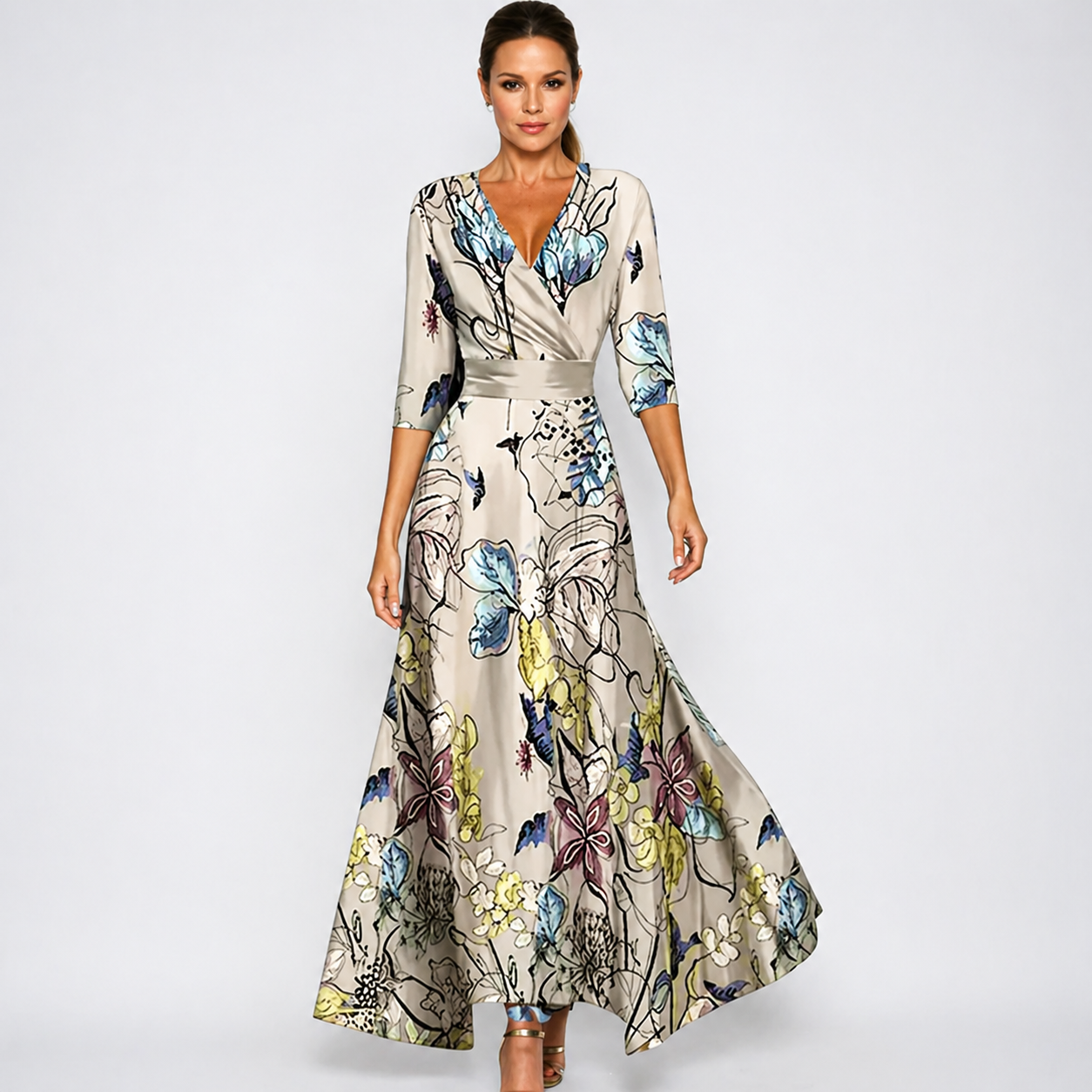 Women’s Printed Floral Dress - Long V-Neck Wrap Maxi Dress