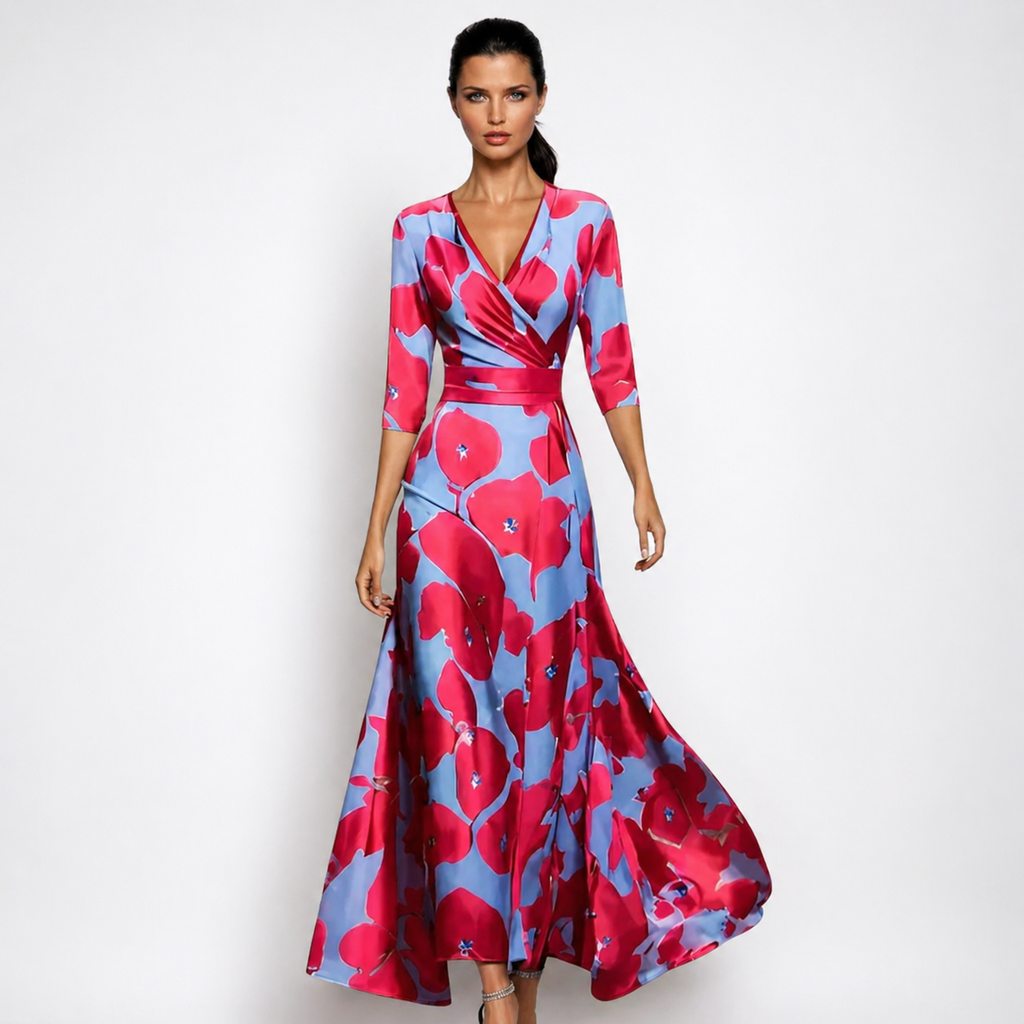 Women’s Printed Floral Dress - Long V-Neck Wrap Maxi Dress