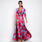Women’s Printed Floral Dress - Long V-Neck Wrap Maxi Dress