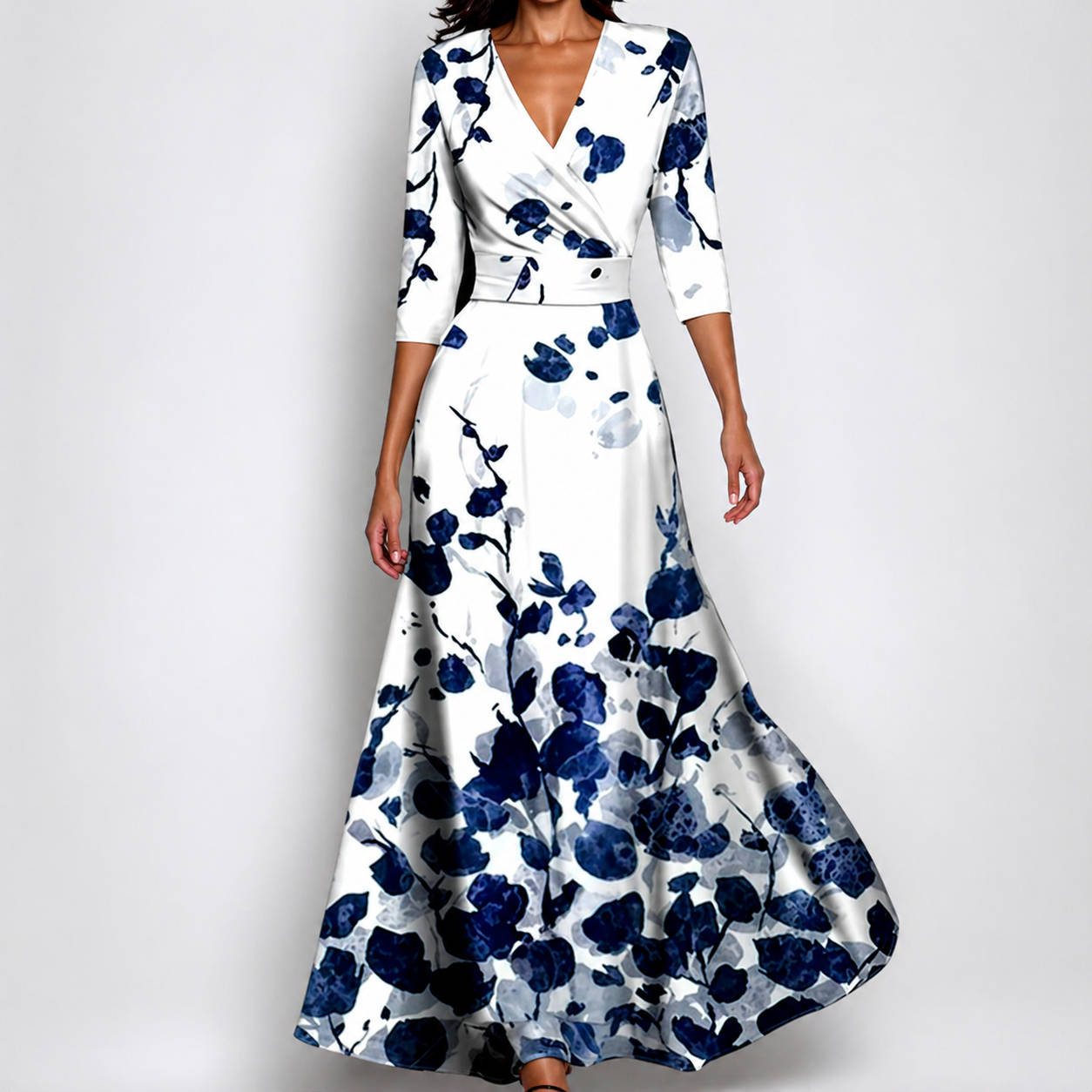 Women’s Printed Floral Dress - Long V-Neck Wrap Maxi Dress