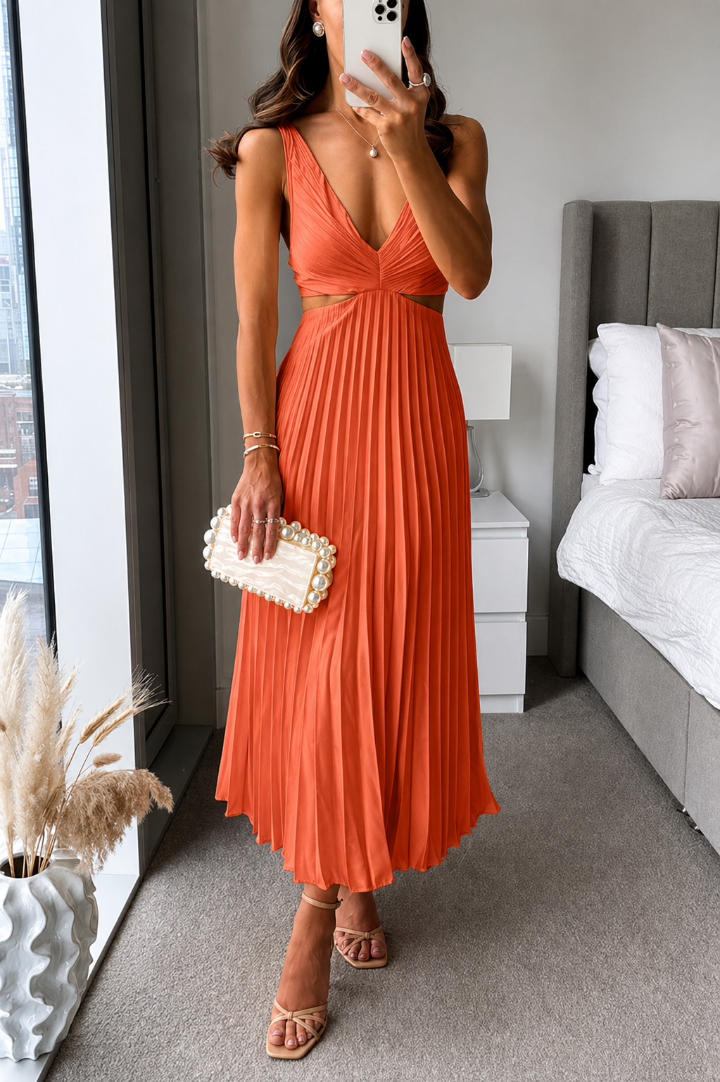 Women's Elegant Midi Dress - Pleated V-Neck Dress
